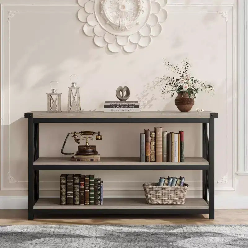 Industrial Console Table with 3 Open Shelves, 55"L, Rustic Brown, Entryway & Hallway