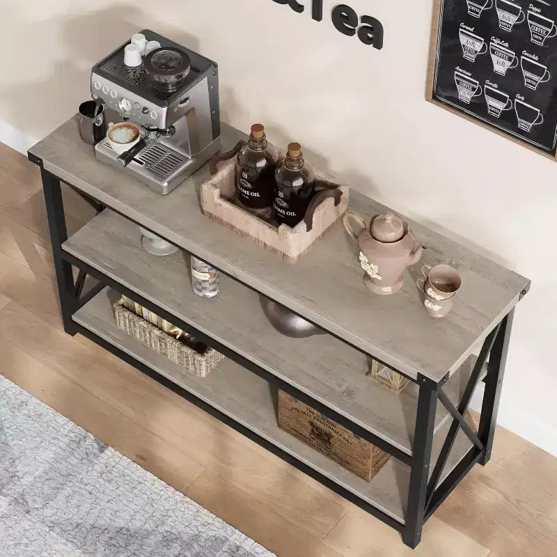 Industrial Console Table with 3 Open Shelves, 55"L, Rustic Brown, Entryway & Hallway