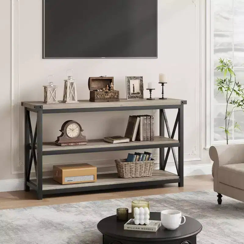 Industrial Console Table with 3 Open Shelves, 55"L, Rustic Brown, Entryway & Hallway