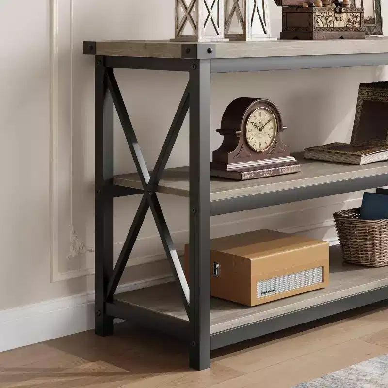 Industrial Console Table with 3 Open Shelves, 55"L, Rustic Brown, Entryway & Hallway