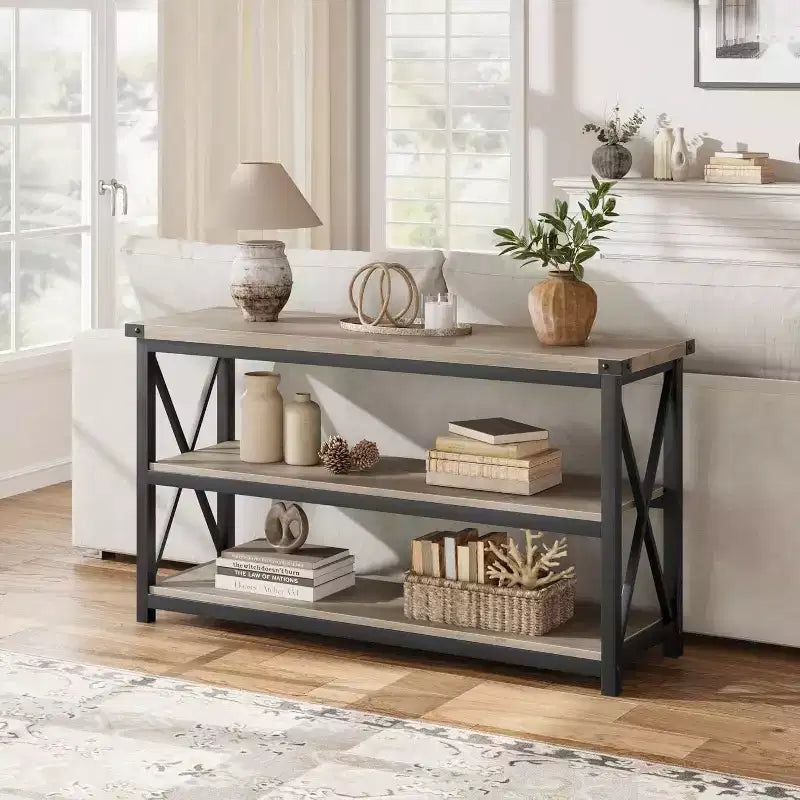 47-Inch Industrial Console Table with 3 Open Shelves, Long Entryway and Sofa Table, Narrow Storage Shelf for Hallway, Living Room, Bedroom