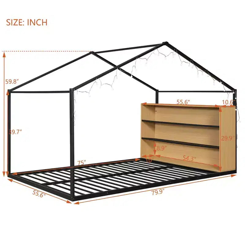 Montessori House Floor Bed with Storage Shelf & LED Lights, Full Size, Black Metal