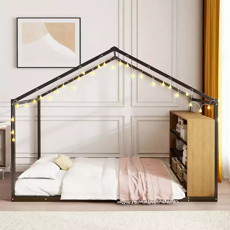 Montessori House Floor Bed with Storage Shelf & LED Lights, Full Size, Black Metal
