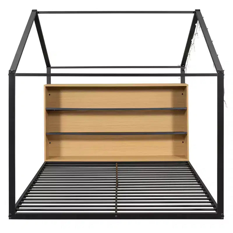 Montessori House Floor Bed with Storage Shelf & LED Lights, Full Size, Black Metal