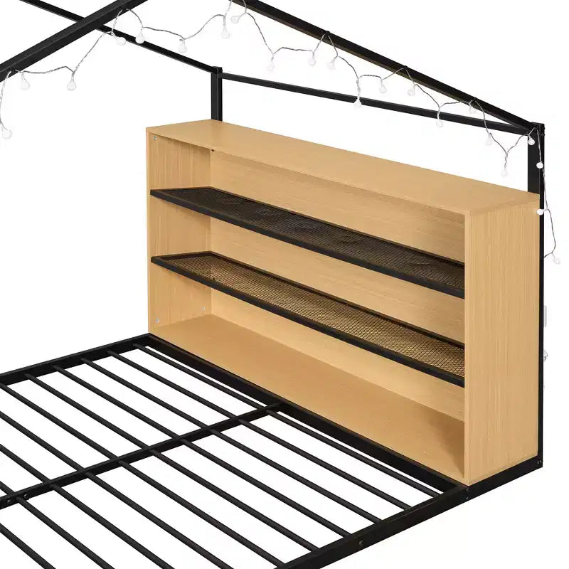 Montessori House Floor Bed with Storage Shelf & LED Lights, Full Size, Black Metal