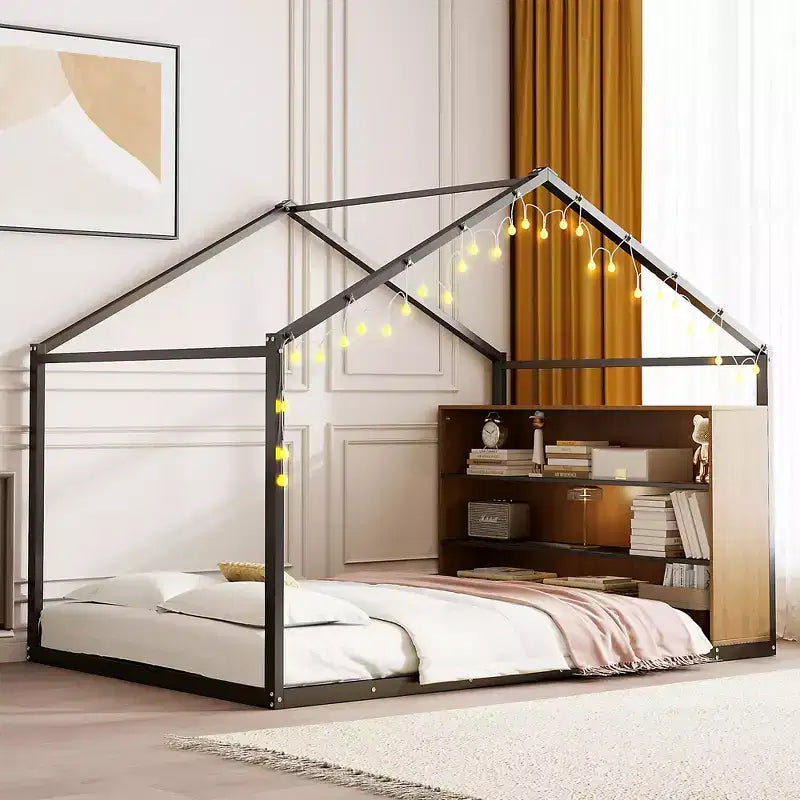 Montessori House Floor Bed with Storage Shelf & LED Lights, Full Size, Black Metal