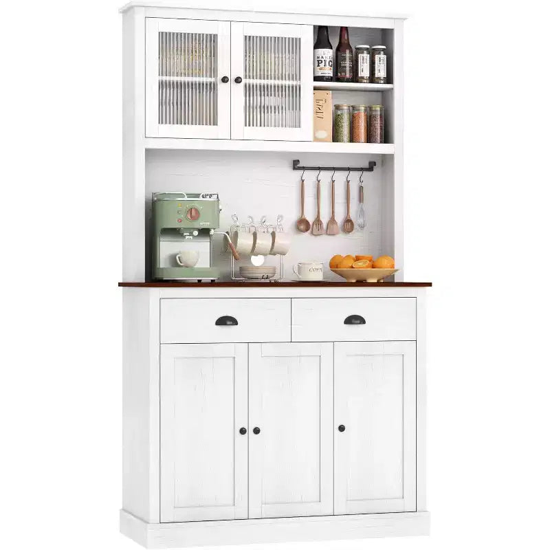 71" Tall Kitchen Pantry Storage Cabinet with Microwave Stand, 3 Doors & 2 Drawers