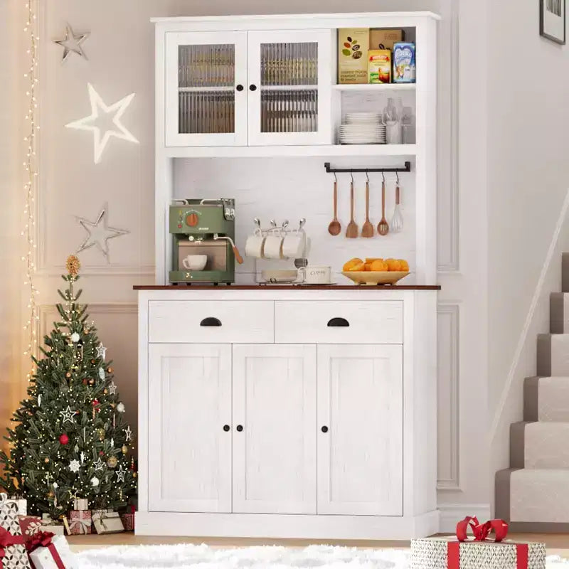 71" Tall Kitchen Pantry Storage Cabinet with Microwave Stand, 3 Doors & 2 Drawers