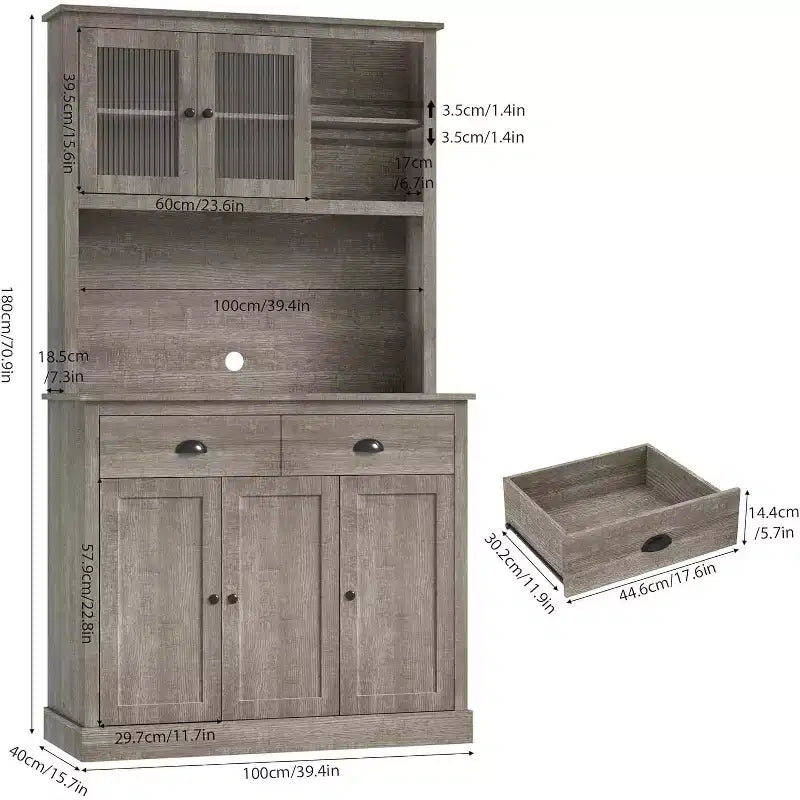 71" Tall Kitchen Pantry Storage Cabinet with Microwave Stand, 3 Doors & 2 Drawers