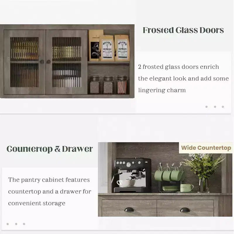 71" Tall Kitchen Pantry Storage Cabinet with Microwave Stand, 3 Doors & 2 Drawers