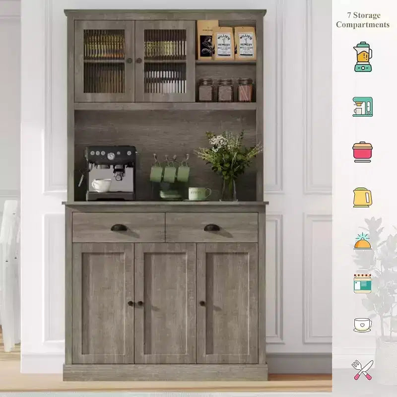 71" Tall Kitchen Pantry Storage Cabinet with Microwave Stand, 3 Doors & 2 Drawers