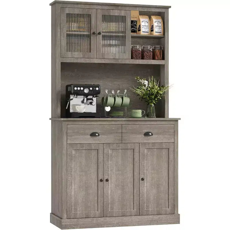 71" Tall Kitchen Pantry Storage Cabinet with Microwave Stand, 3 Doors & 2 Drawers