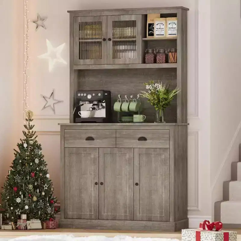 71" Tall Kitchen Pantry Storage Cabinet with Microwave Stand, 3 Doors & 2 Drawers