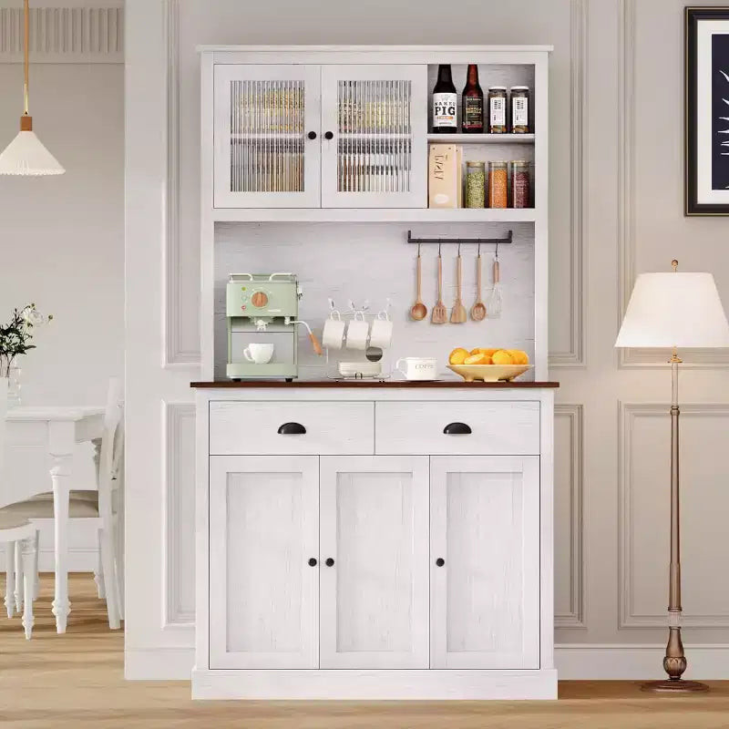 71" Tall Kitchen Pantry Storage Cabinet with Microwave Stand, 3 Doors & 2 Drawers