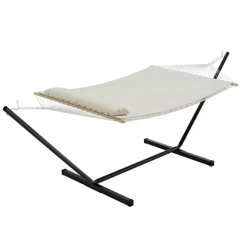 Double Hammock with Steel Stand, 2-Person Cotton Rope, Pillow & Padded Pad, Portable