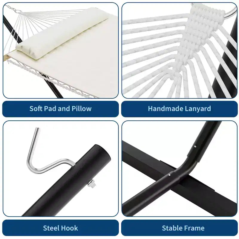Double Hammock with Steel Stand, 2-Person Cotton Rope, Pillow & Padded Pad, Portable