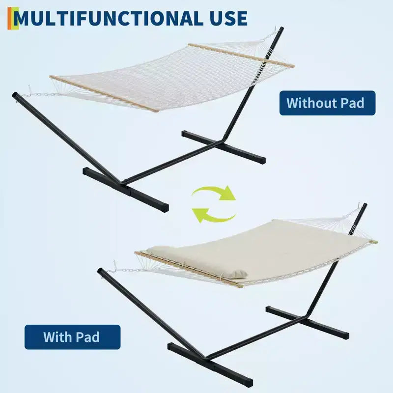 Double Hammock with Steel Stand, 2-Person Cotton Rope, Pillow & Padded Pad, Portable