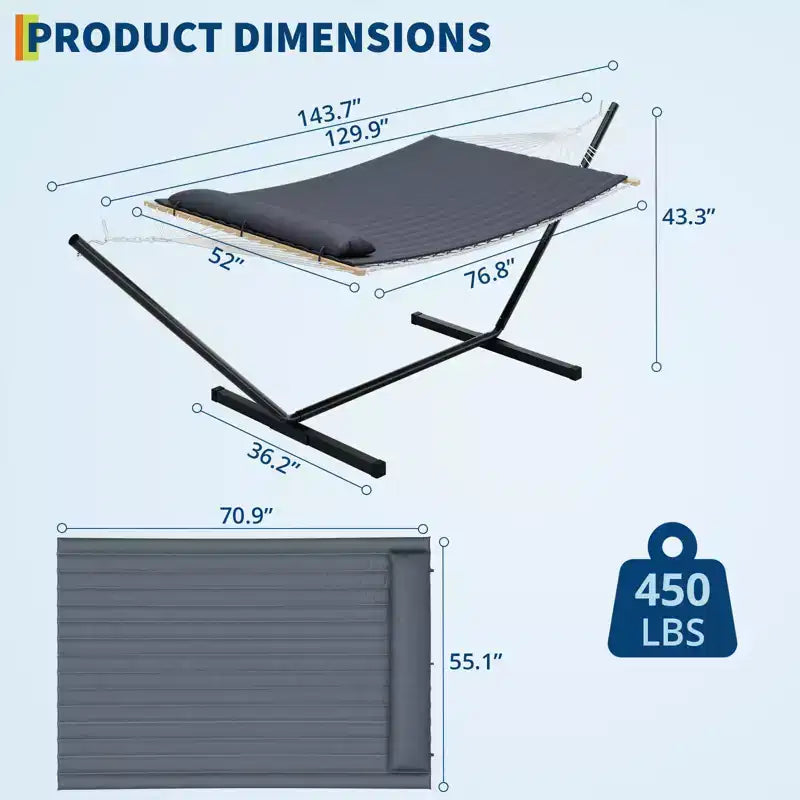 Double Hammock with Steel Stand, 2-Person Cotton Rope, Pillow & Padded Pad, Portable