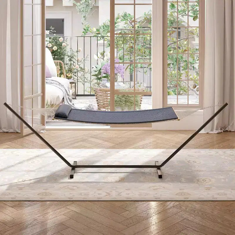 Double Hammock with Steel Stand, 2-Person Cotton Rope, Pillow & Padded Pad, Portable