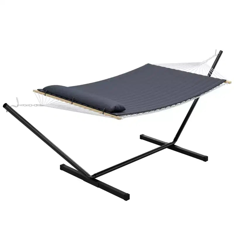 Double Hammock with Steel Stand, 2-Person Cotton Rope, Pillow & Padded Pad, Portable