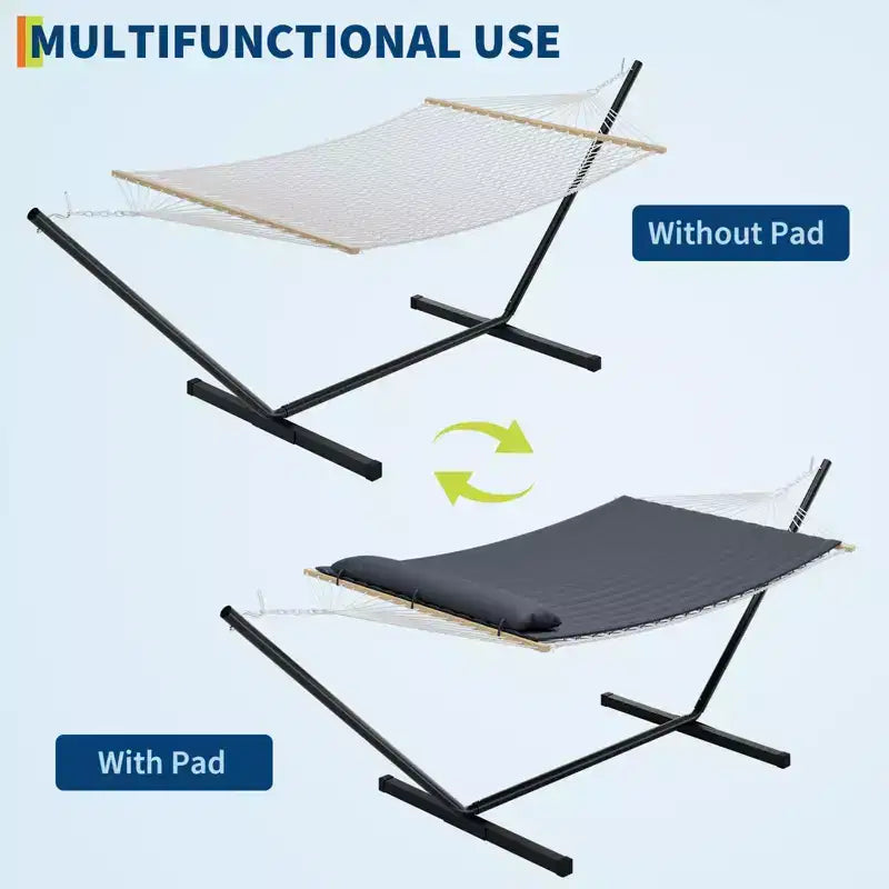 Double Hammock with Steel Stand, 2-Person Cotton Rope, Pillow & Padded Pad, Portable