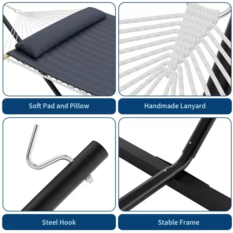 Double Hammock with Steel Stand, 2-Person Cotton Rope, Pillow & Padded Pad, Portable