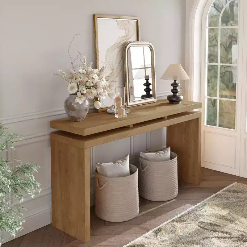60" Farmhouse Console Table, Thick Tabletop, Double Board Suspension Design, Brown