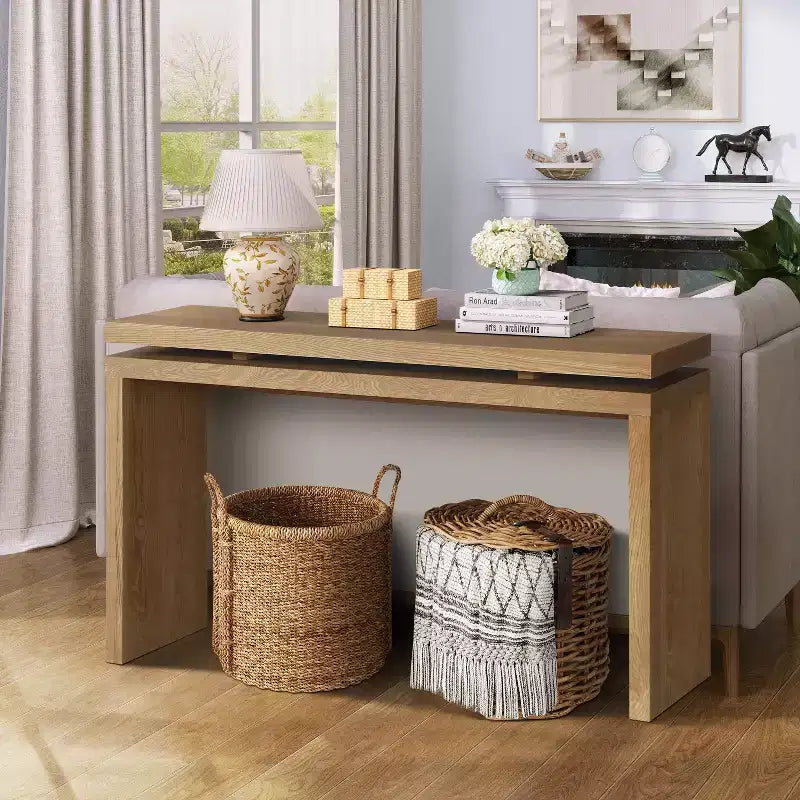 60" Farmhouse Console Table, Thick Tabletop, Double Board Suspension Design, Brown