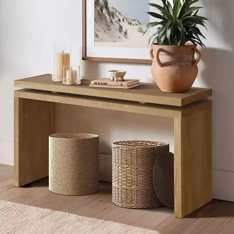 60" Farmhouse Console Table, Thick Tabletop, Double Board Suspension Design, Brown