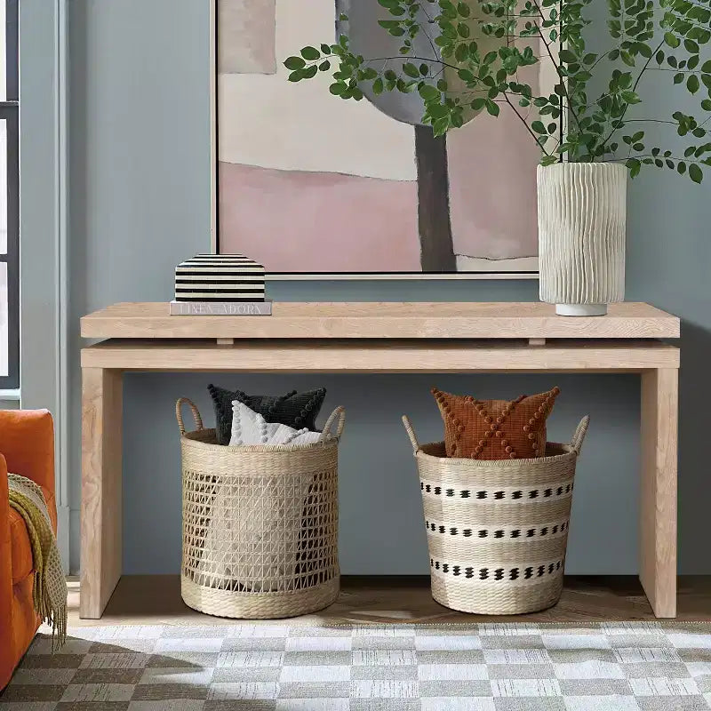 60" Farmhouse Console Table, Thick Tabletop, Double Board Suspension Design, Brown
