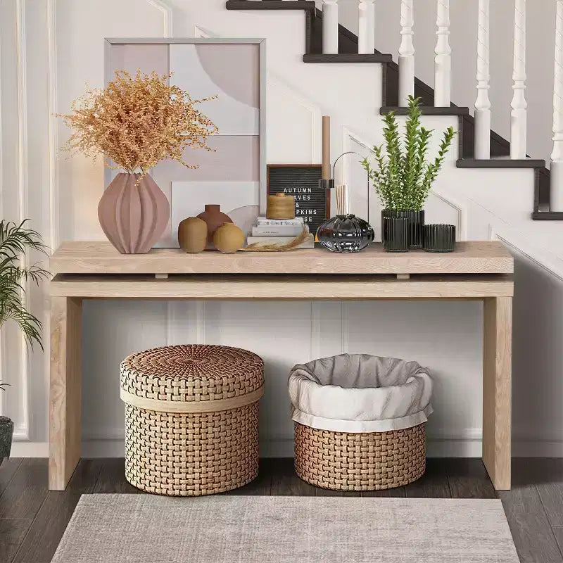60" Farmhouse Console Table, Thick Tabletop, Double Board Suspension Design, Brown