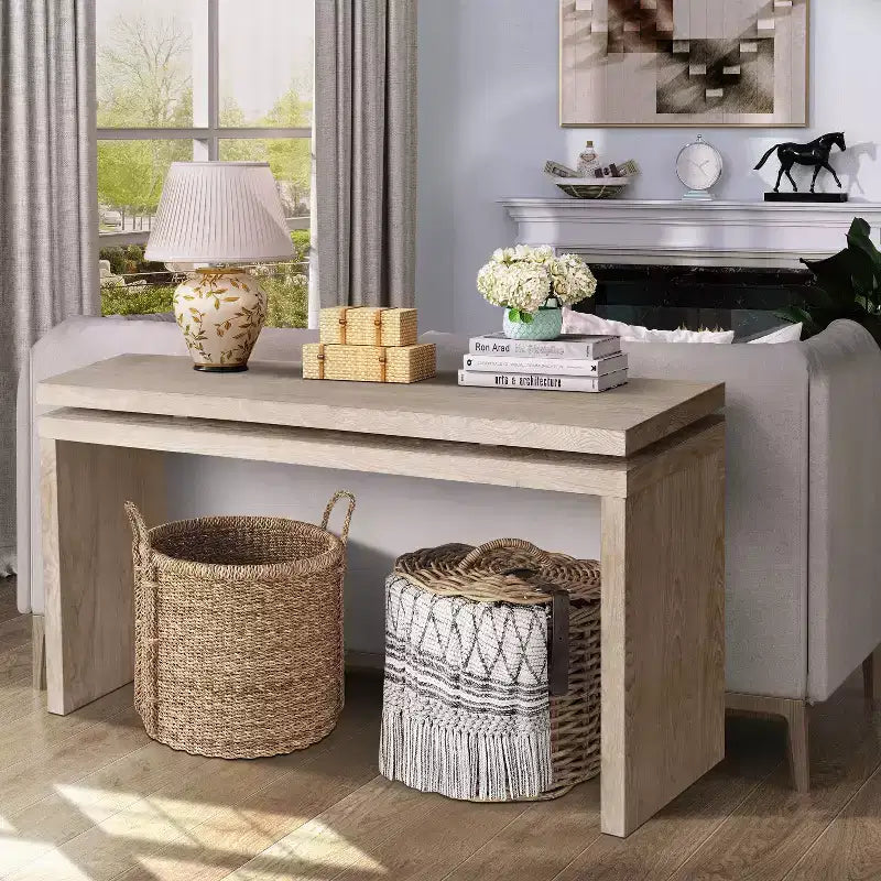 60" Farmhouse Console Table, Thick Tabletop, Double Board Suspension Design, Brown