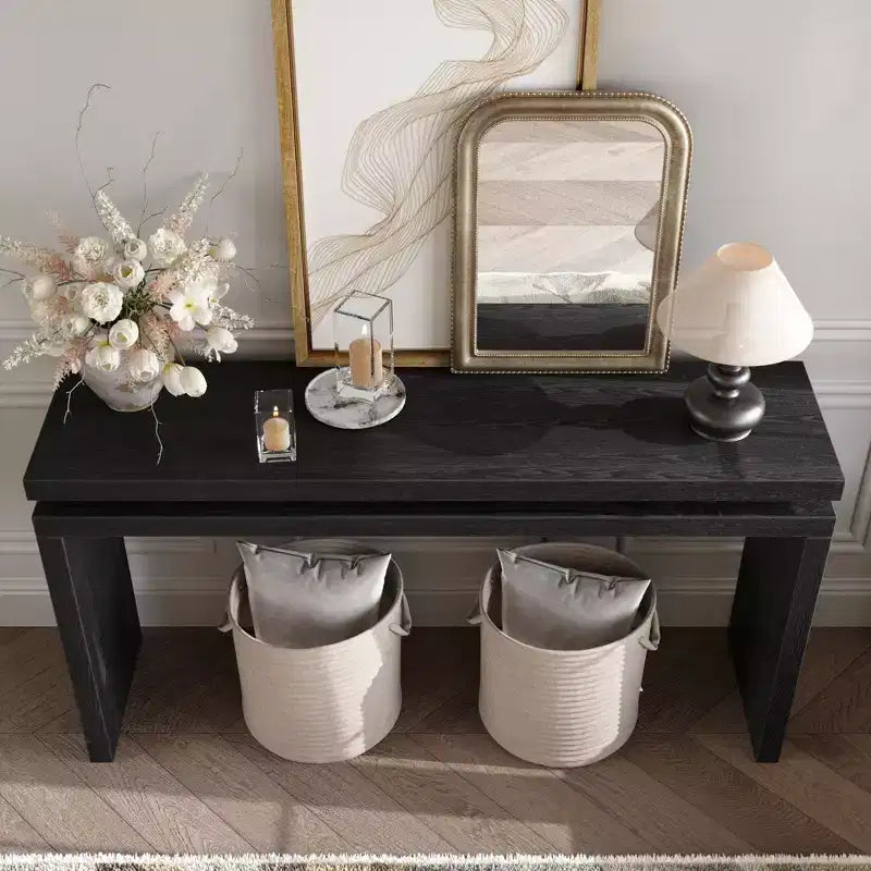 60" Farmhouse Console Table, Thick Tabletop, Double Board Suspension Design, Brown