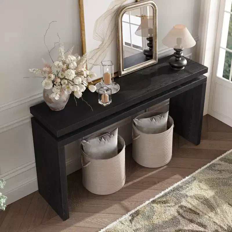 60" Farmhouse Console Table, Thick Tabletop, Double Board Suspension Design, Brown