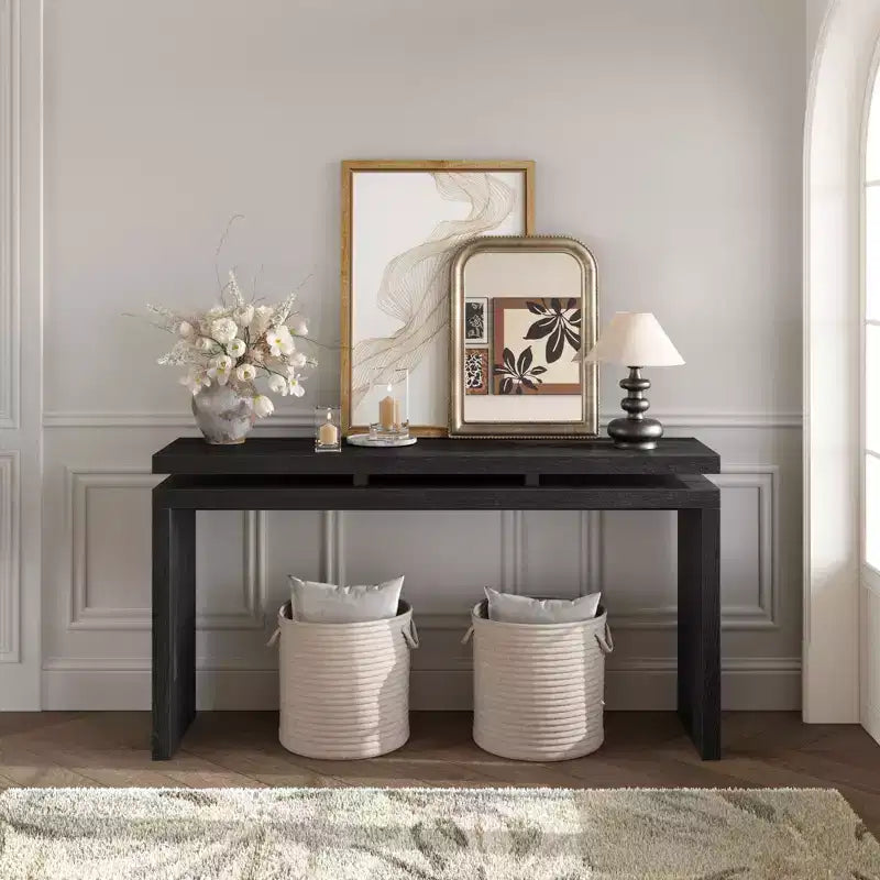 60" Farmhouse Console Table, Thick Tabletop, Double Board Suspension Design, Brown