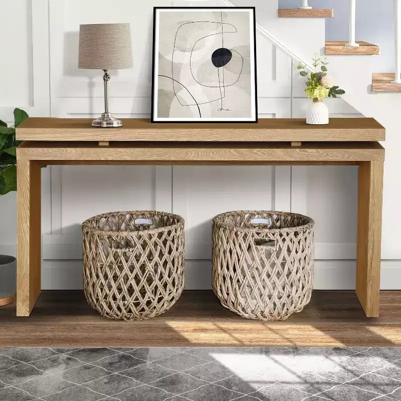 60" Farmhouse Console Table, Thick Tabletop, Double Board Suspension Design, Brown
