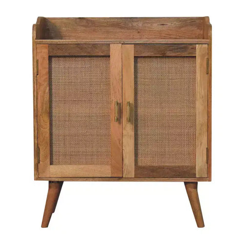HomeRoots 35 Brown Distressed Solid Wood Inlaid Rattan Accent Cabinet With Two Doors