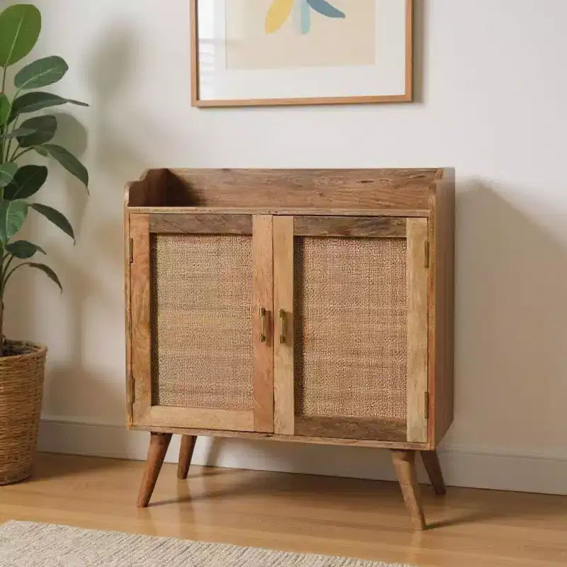 35" Solid Mango Wood & Rattan Accent Cabinet, 2 Doors, Brown Distressed Finish