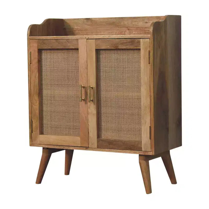 35" Solid Mango Wood & Rattan Accent Cabinet, 2 Doors, Brown Distressed Finish