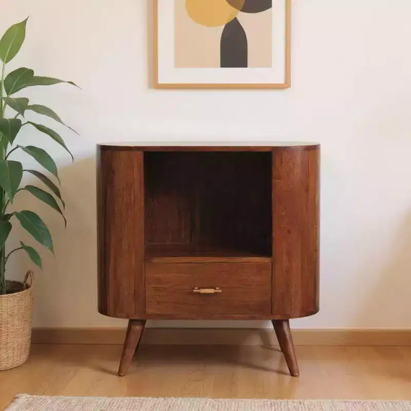 30" Solid Mango Wood Oval Accent Cabinet with Drawer & Shelf, Chestnut Brown