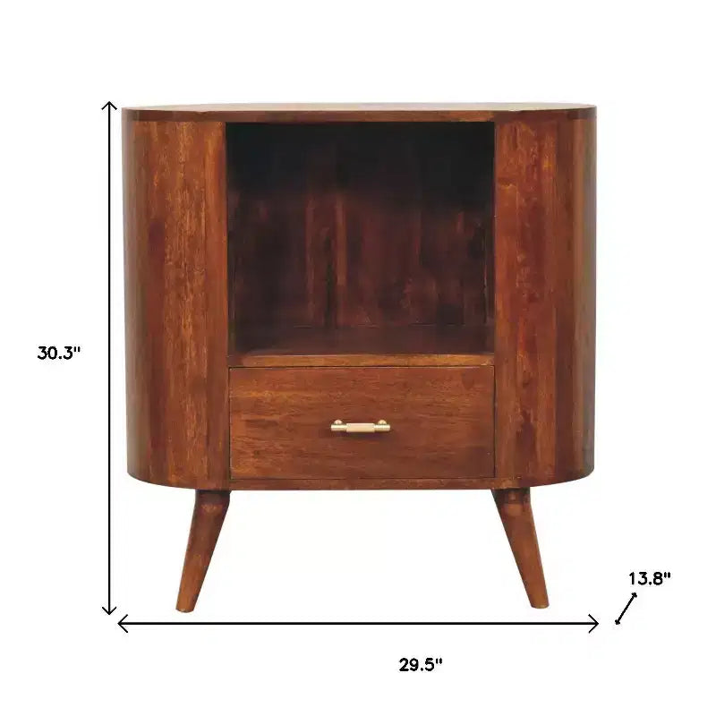 30" Solid Mango Wood Oval Accent Cabinet with Drawer & Shelf, Chestnut Brown