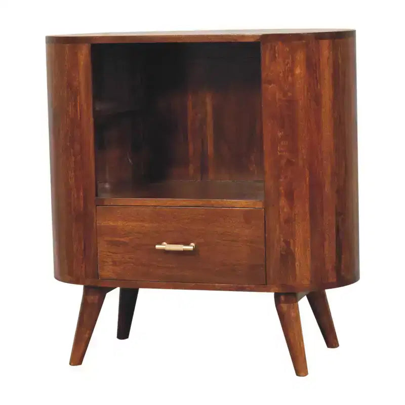 Mobile d'Appoggio Ovale in Legno Massello di Mango da 30" con Cassetto e Ripiano, Marrone Castagno