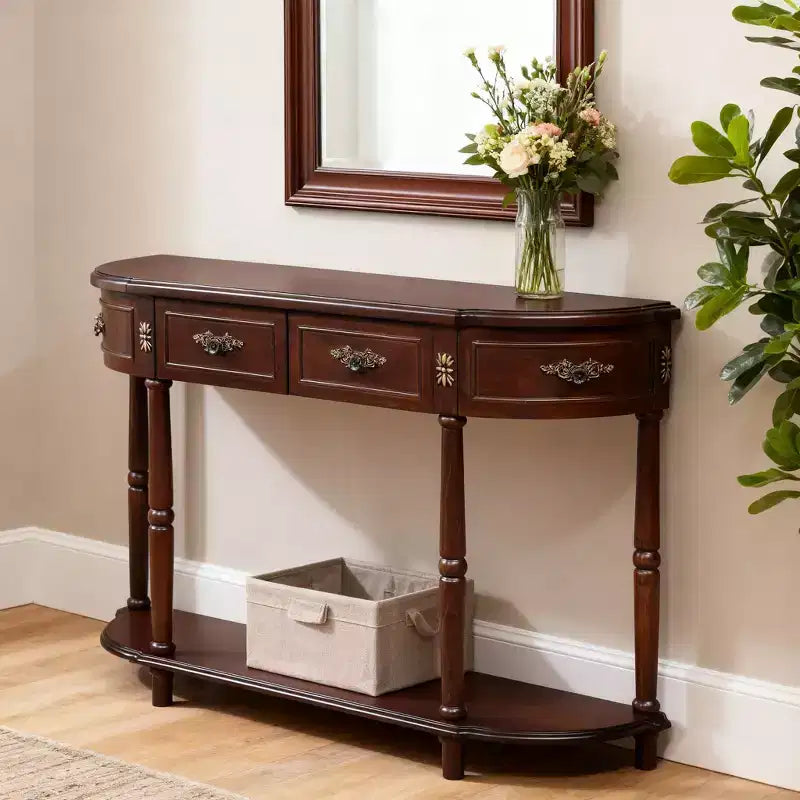 Consolle in legno di pino con 4 cassetti e ripiano inferiore, marrone, 132 cm L, per ingresso