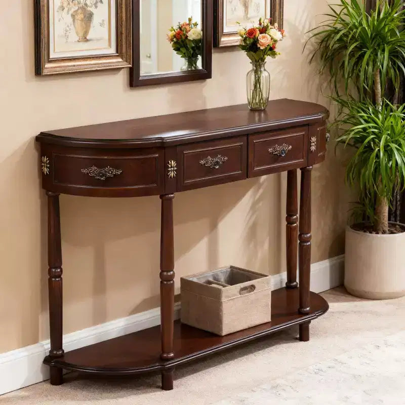 Consolle in legno di pino con 4 cassetti e ripiano inferiore, marrone, 132 cm L, per ingresso