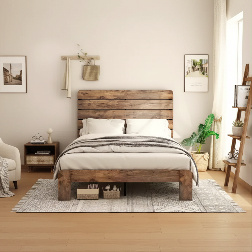 Queen Platform Bed Frame with 50" Wood Headboard & Footboard, Noise-Free, Brown, 800 lb