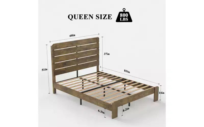 Queen Platform Bed Frame with 50" Wood Headboard & Footboard, Noise-Free, Brown, 800 lb