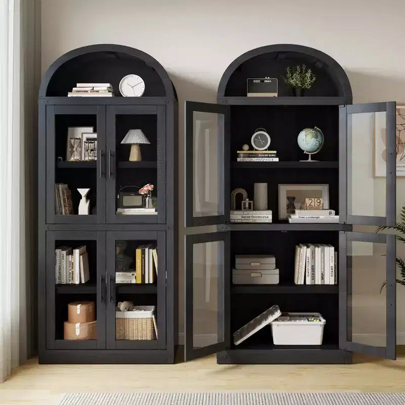 Arched Bookshelf with 4 Glass Doors, Farmhouse Style, 71.65"H, MDF & Wood Grain