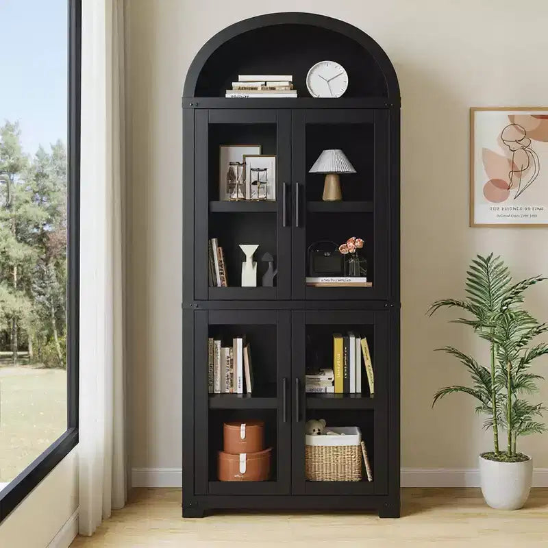 Arched Bookshelf with 4 Glass Doors, Farmhouse Style, 71.65"H, MDF & Wood Grain