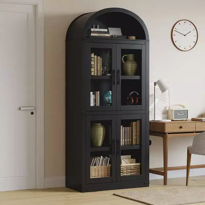 Arched Bookshelf with 4 Glass Doors, Farmhouse Style, 71.65"H, MDF & Wood Grain