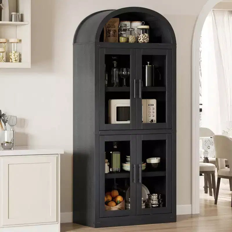 Arched Bookshelf with 4 Glass Doors, Farmhouse Style, 71.65"H, MDF & Wood Grain